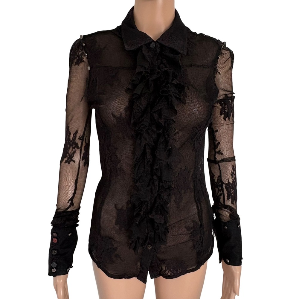 Apple Bottoms Womens Black Sheer Lace Ruffle Blouse M Y2K Gothic Renaissance